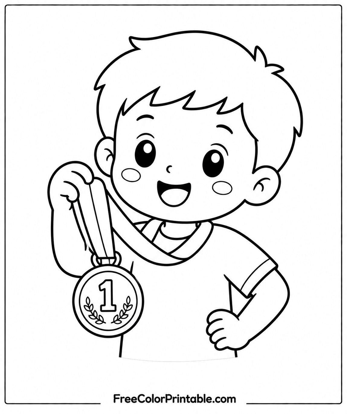 Champion kid with medal illustration Coloring Page — Free Printable — free printable coloring page